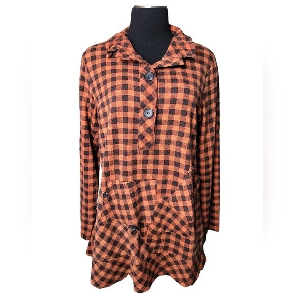 TERRA SJ Apparel Buffalo Plaid Tunic Red Black Check Pockets Quarter Button Sz L - Picture 2 of 13